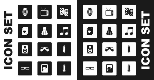 Set Gamepad, Badminton shuttlecock, Playing cards, American Football ball, Music note, tone, Retro tv, Rolling pin and Stereo speaker icon. Vector — Stockvektor