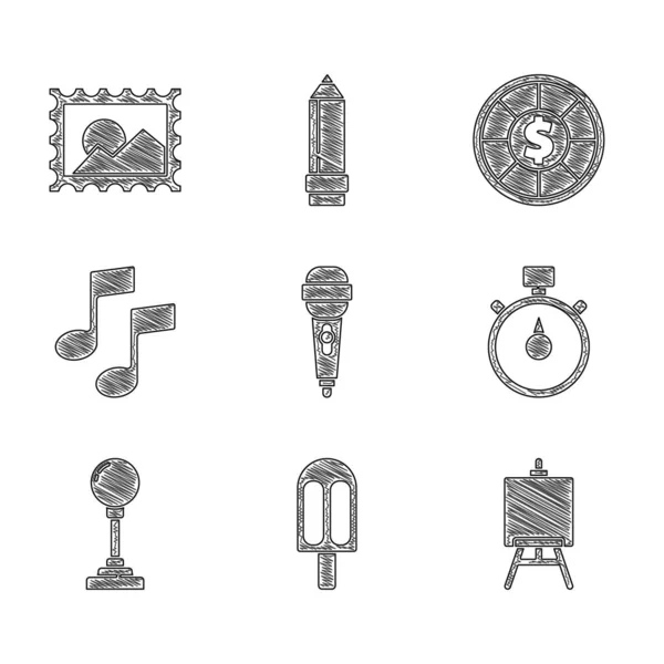 Set Microphone, Ice cream, Easel or painting art boards, Stopwatch, Joystick for arcade machine, Music note, tone, Casino chips and Postal stamp icon. Vector — Stok Vektör