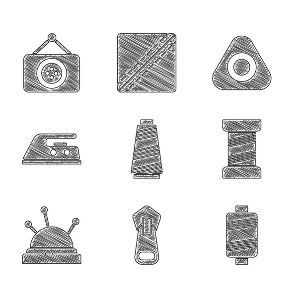 Set Sewing thread, Zipper, Needle bed and needles, Electric iron, chalk and Tailor shop icon. Vector — Wektor stockowy