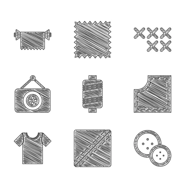 Set Sewing thread, Pattern, button, T-shirt, Tailor shop, Adjustable embroidery hoop and Textile fabric roll icon. Vector — Stock Vector