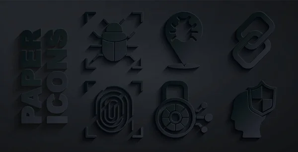 Set Cyber security, Chain link, Fingerprint, Head with shield, System bug and icon. Vector — стоковый вектор