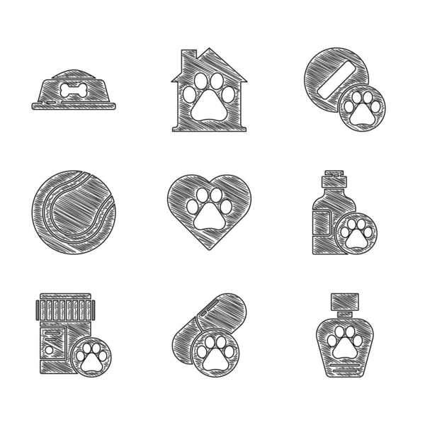 Set Heart with animals footprint, Dog pill, Pet shampoo, medicine bottle, Tennis ball, and food bowl icon. Vector — Stockvector