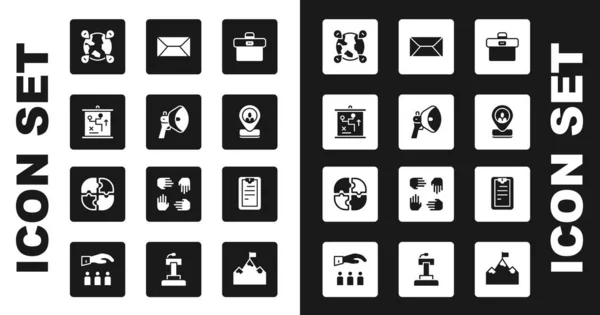 Set Briefcase, Megaphone, Planning strategy concept, Location the globe, Worker location, Envelope, Clipboard with checklist and Piece of puzzle icon. Vector — Stockový vektor