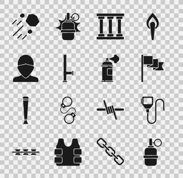 Set Hand grenade, Walkie talkie, Location marker, Prison window, Police rubber baton, Vandal, Flying stone and Paint spray can icon. Vector — стоковый вектор