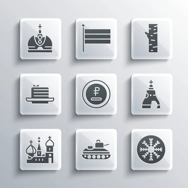 Set Military tank, Snowflake, The Tsar bell, Rouble, ruble currency, Saint Basils Cathedral, Medovik, King crown and Birch tree icon. Vector — Vector de stock