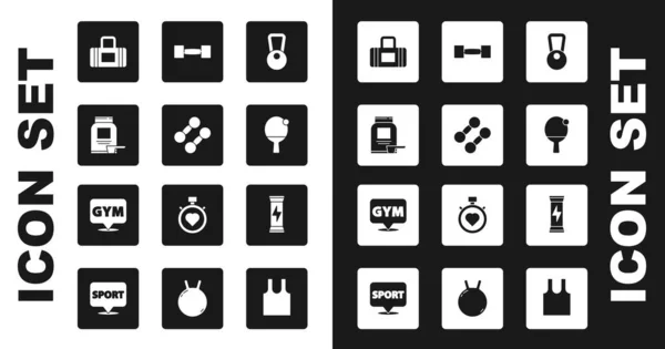Set Kettlebell, Dumbbell, Sports nutrition, bag, Racket and ball, and Location gym icon. Vector — 图库矢量图片