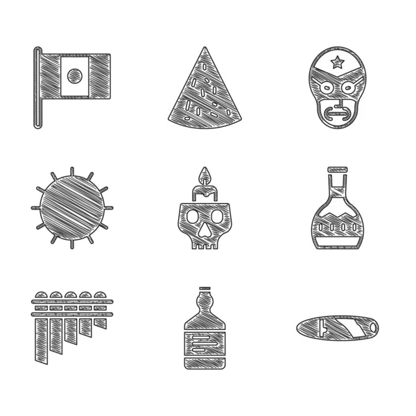 Set Burning candle on a skull, Tequila bottle, Cigar, Pan flute, Sun, Mexican wrestler and Mexico flag icon. Vector — Archivo Imágenes Vectoriales