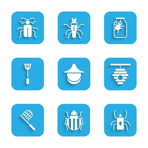 Set Beekeeper hat, Colorado beetle, Beetle bug, Hive for bees, Butterfly net, Fly swatter, Spider in jar and Chafer icon. Vector — стоковый вектор