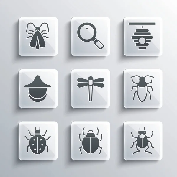 Set Mite, Beetle bug, Cockroach, Dragonfly, Beekeeper hat, Clothes moth and Hive for bees icon. Vector — Stockvektor