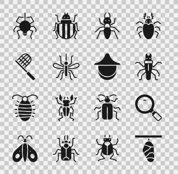 Set Butterfly cocoon, Magnifying glass, Termite, Ant, Mosquito, net, Spider and Beekeeper hat icon. Vector — Image vectorielle