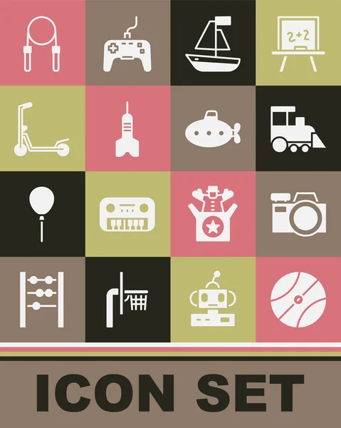 Set Basketball ball, Photo camera, Toy train, boat, Dart arrow, Scooter, Jump rope and Submarine toy icon. Vector — 图库矢量图片