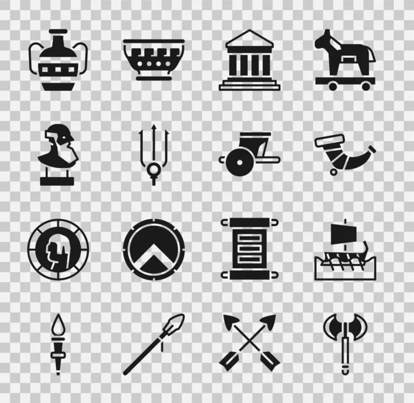 Set Medieval axe, Greek trireme, Hunting horn, Parthenon, Neptune Trident, Ancient bust sculpture, amphorae and chariot icon. Vector — стоковый вектор