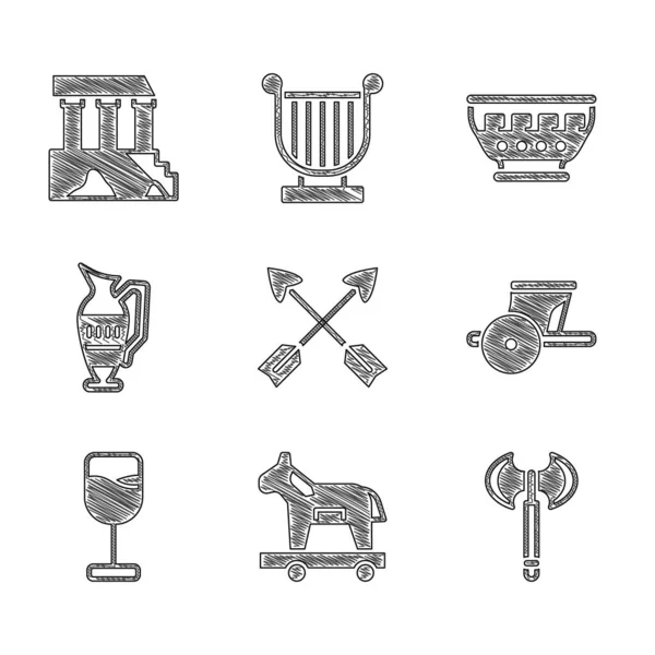 Set Crossed arrows, Trojan horse, Medieval axe, Ancient chariot, Wine glass, amphorae, Greek ancient bowl and Parthenon icon. Vector — стоковий вектор