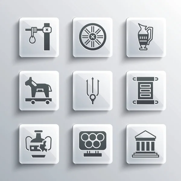 Set Olympic rings, Parthenon, Decree, parchment, scroll, Neptune Trident, Broken amphorae, Trojan horse, Gallows and Ancient icon. Vector — Wektor stockowy