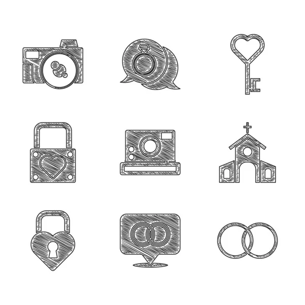 Set Photo camera, Wedding rings, Church building, Castle the shape of heart, Lock and, Key and icon. Vector — Stockvector