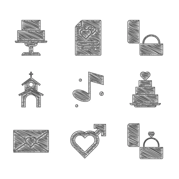 Set Music note, Heart with male gender, Diamond engagement ring, Wedding cake heart, Envelope Valentine, Church building, and icon. Vector — Stockvector