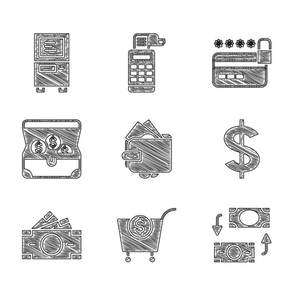 Set Wallet with money, Shopping cart and dollar, Money exchange, Dollar symbol, Stacks paper cash, Treasure chest, Credit card lock and ATM icon. Vector — Vetor de Stock