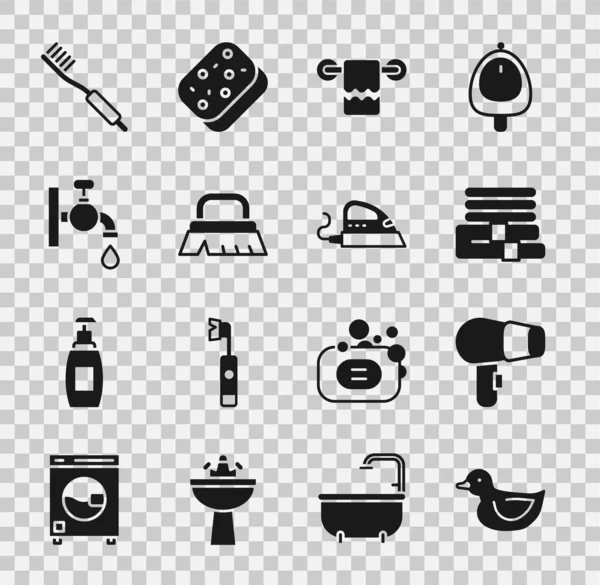 Set Rubber duck, Hair dryer, Towel stack, on hanger, Brush for cleaning, Water tap, Toothbrush and Electric iron icon. Vector — Vetor de Stock