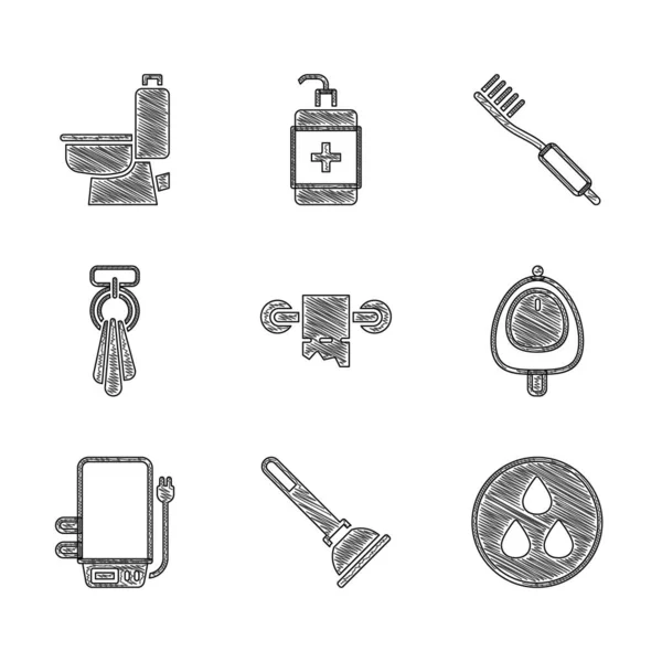 Set Toilet paper roll, Rubber plunger, Water drop, urinal or pissoir, Electric boiler, Towel on hanger, Toothbrush and bowl icon. Vector — Image vectorielle