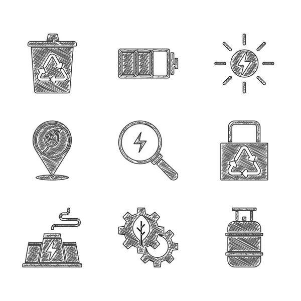 Set Lightning bolt, Leaf plant gear machine, Propane gas tank, Paper bag with recycle, Power station factory, Location leaf, Solar energy panel and Recycle bin icon. Vector — ストックベクタ