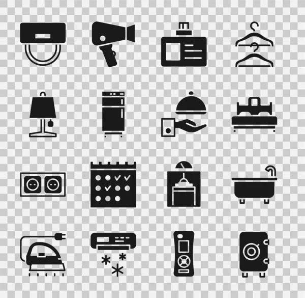 Set Safe, Bathtub, Bedroom, Identification badge, Refrigerator, Table lamp, Bellboy hat and Covered with tray icon. Vector — Image vectorielle