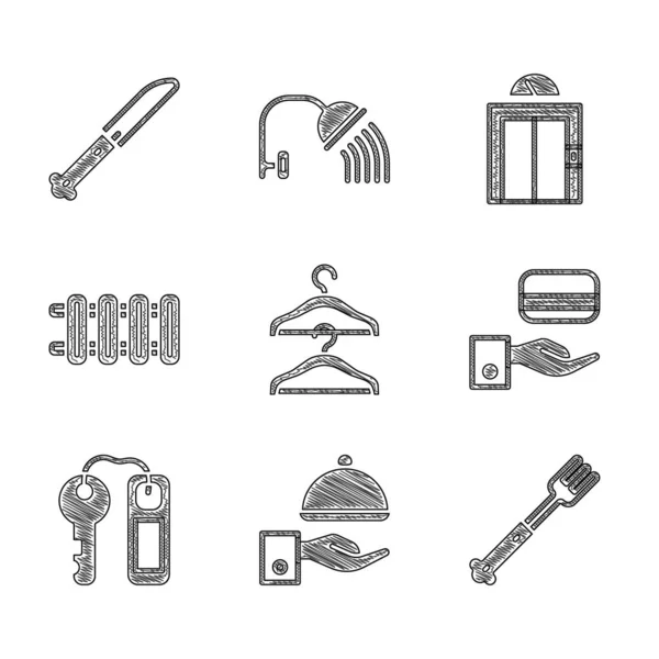 Set Hanger wardrobe, Covered with tray, Fork, Digital door lock, Hotel key, Heating radiator, Lift and Knife icon. Vector — ストックベクタ
