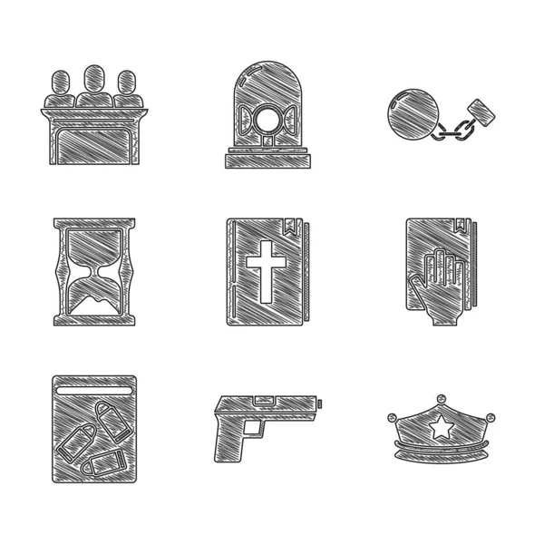 Set Holy bible book, Pistol or gun, Police cap with cockade, Oath on the Bible, Evidence bag and bullet, Old hourglass, Ball chain and Jurors icon. Vector — Wektor stockowy