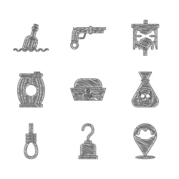 Set Sailor hat, Pirate hook, Location pirate, coin, Gallows rope loop hanging, Gun powder barrel, flag and Bottle with message water icon. Vector — Stockvektor