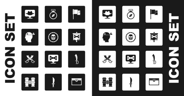 Set Pirate flag, coin, captain, Location pirate, Compass, sword and Crossed swords icon. Vector — Vettoriale Stock