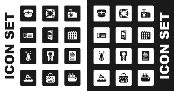 Set Photo camera, Brochure, Cruise ticket, Captain hat, Calendar, Lifebuoy, ship and Towel on hanger icon. Vector — Image vectorielle