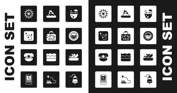 Set Coconut cocktail, Suitcase, Route location, Ship steering wheel, porthole with seascape, Tropical island ocean, Sinking cruise ship and Captain hat icon. Vector — 스톡 벡터