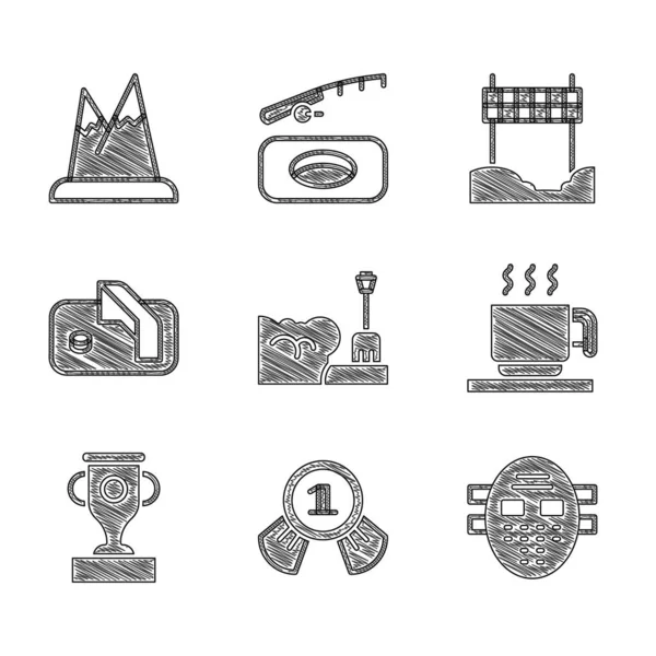 Set Shovel in snowdrift, Medal, Hockey mask, Hot chocolate cup, Award, Ice hockey goal, Ribbon finishing line and Mountains icon. Vector — 스톡 벡터