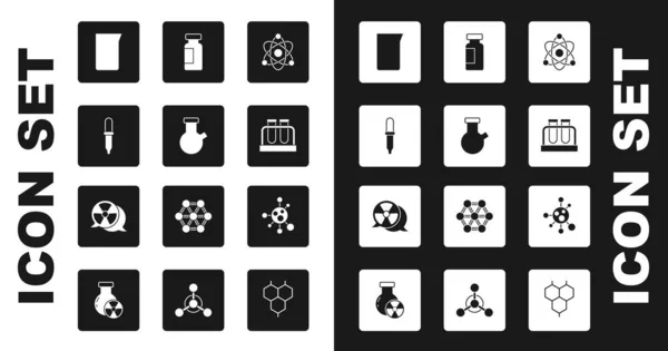 Set Atom, Test tube and flask, Pipette, Laboratory glassware or beaker, Molecule and Radioactive icon. Vector — Stockvektor