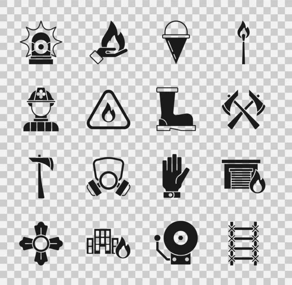 Set Fire escape, in burning garage, Firefighter axe, cone bucket, flame triangle, Flasher siren and boots icon. Vector — Stock Vector