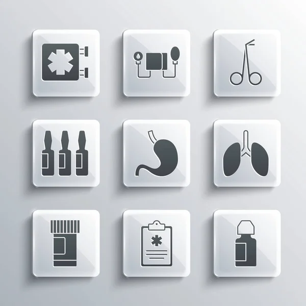 Set Clinical record, Eye drop bottle, Lungs, Human stomach, Medicine and pills, Medical vial, ampoule, symbol of the Emergency and scissors icon. Vector — Stok Vektör