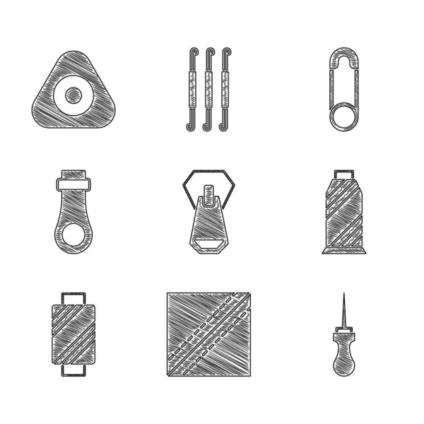 Set cremallera, rollo de tela textil, herramienta Awl, hilo de coser en carrete, pasador de seguridad y tiza icono. Vector — Archivo Imágenes Vectoriales