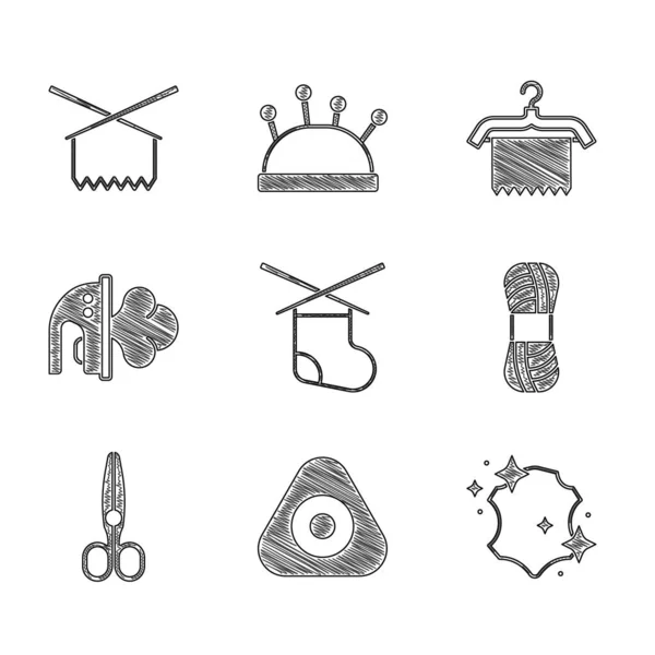 Set Knitting needles, Sewing chalk, Leather, Yarn, Scissors, Electric iron, Hanger wardrobe and icon. Vector — Stockový vektor