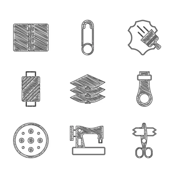 Set Layers clothing textile, Sewing machine, Scissors, Zipper, button, thread spool, Leather and Textile fabric roll icon. Vector — 图库矢量图片