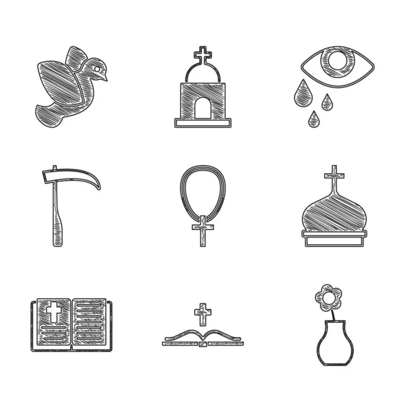 Set Christian cross on chain, Holy bible book, Flower vase, Church tower, Scythe, Tear cry eye and Dove icon. Vector — 스톡 벡터