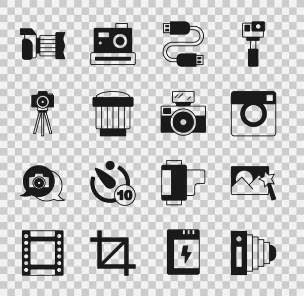 Set Photo camera, retouching, USB cable cord, Camera photo lens, and with flash icon. Vector — Stock Vector