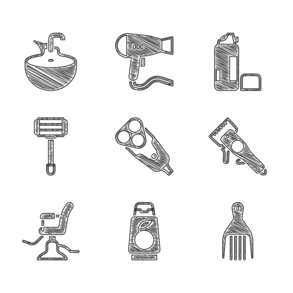 Set Electric razor blade, Bottle of shampoo, Barrette, Electrical hair clipper, Barbershop chair, Shaving, gel foam and Washbasin icon. Vector — 图库矢量图片