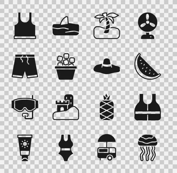 Set Jellyfish, Life jacket, Watermelon, Tropical palm tree, Ice bucket, Swimming trunks, Sleeveless T-shirt and Elegant women hat icon. Vector — Stockvektor