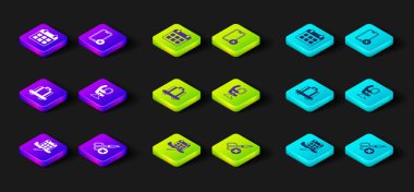 Set Calendar and airplane, No scissors, Conveyor belt with suitcase, Airplane seat, cell phone and icon. Vector