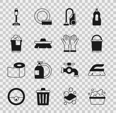 Set Basin with soap suds, Brush for cleaning, Bucket, Vacuum cleaner, foam, and Rubber gloves icon. Vector