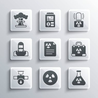 Set Radioactive, Test tube radiation, Radiation nuclear suitcase, warning document, Industry pipe and valve, Nuclear reactor worker, explosion and lamp icon. Vector