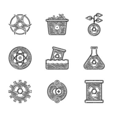 Set Radioactive waste in barrel, Atom, Test tube radiation, and Biohazard symbol icon. Vector