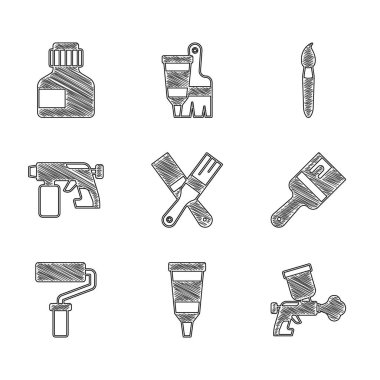 Set Paint brush, Tube with paint palette, spray gun, roller, and Paint, gouache, jar, dye icon. Vector
