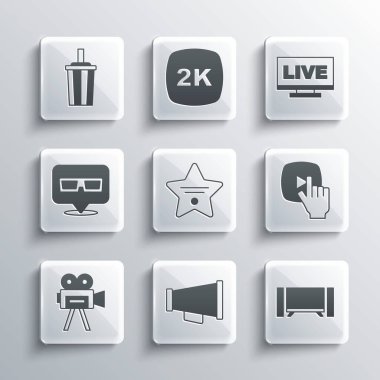 Set Megaphone, Smart Tv, Online play video, Walk of fame star, Retro cinema camera, 3D glasses, Paper with water and Live stream icon. Vector