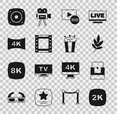 Set 2k Ultra HD, Cinema chair, Movie trophy, Hd movie, tape, frame, Play video, Screen tv with 4k, Stereo speaker and Popcorn cardboard box icon. Vector