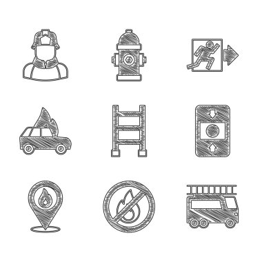 Set Fire escape, No fire, truck, alarm system, Location with flame, Burning car, exit and Firefighter icon. Vector